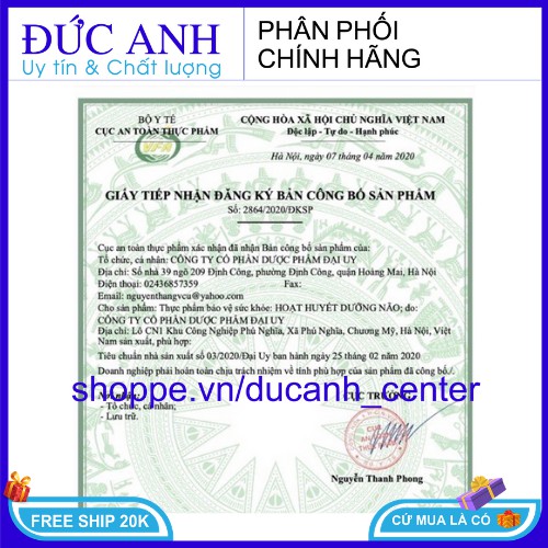 Hoạt huyết dưỡng não Đại Uy hộp 100 viên nén bao phim , tăng cường trí nhớ , giảm đau đầu , thực phẩm cho sức khỏe