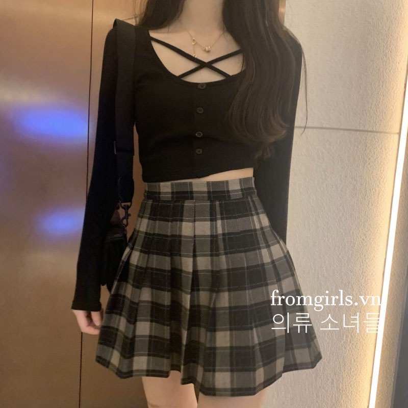 Set áo croptop dài tay chân váy tennis dạ caro có tách lẻ ulzzang Hàn Quốc