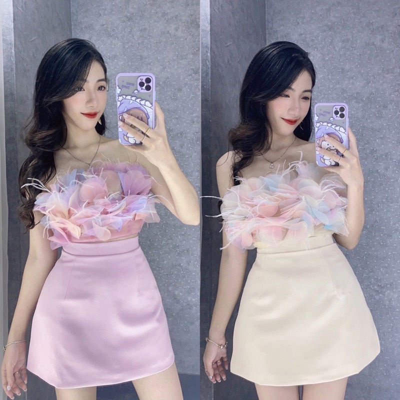 SET THIẾT KẾ ÁO CÚP QUÂY XẾP HOA TƠ MIX CHÂN VÁY CHỮ A CÓ LÓT CÙNG MÀU VÀ ÁO QUÂY LÔNG VŨ SIÊU HOT