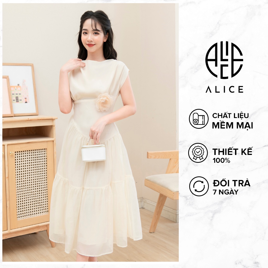 Váy Tiểu Thư Cổ Thuyền Lệch Eo Kèm Hoa Đính ALICE Chất Vải Tơ Xốp Lót Lụa Mềm Mát, Ít Co Giãn, Không Bai Xù V903