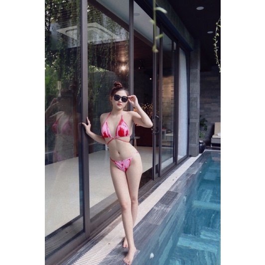 [Ảnh Thật Kèm Feedback ] Set bikini 3 món loang đỏ kèm khăn voan cao cấp