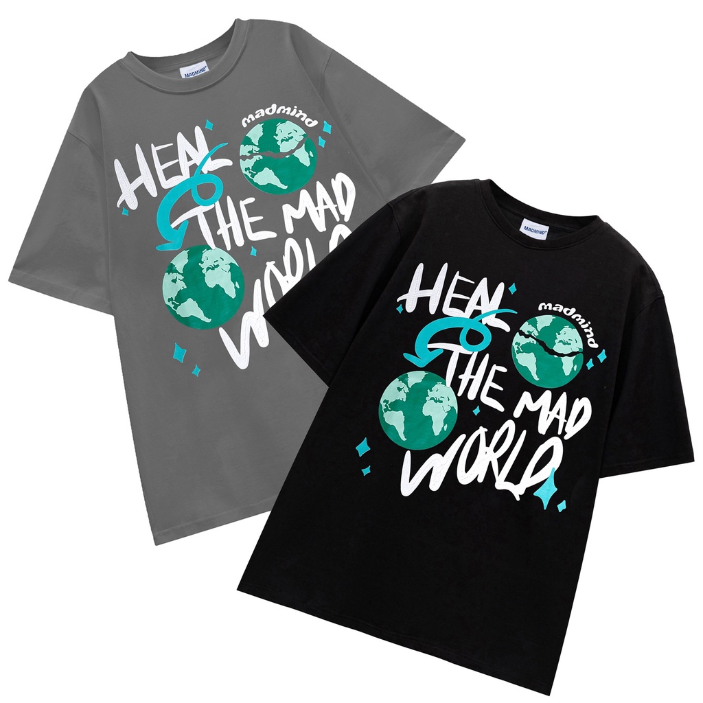 MADMIND® Chính Hãng - Áo Thun In Nổi Mad World Màu Đen / Xám Form Rộng Unisex