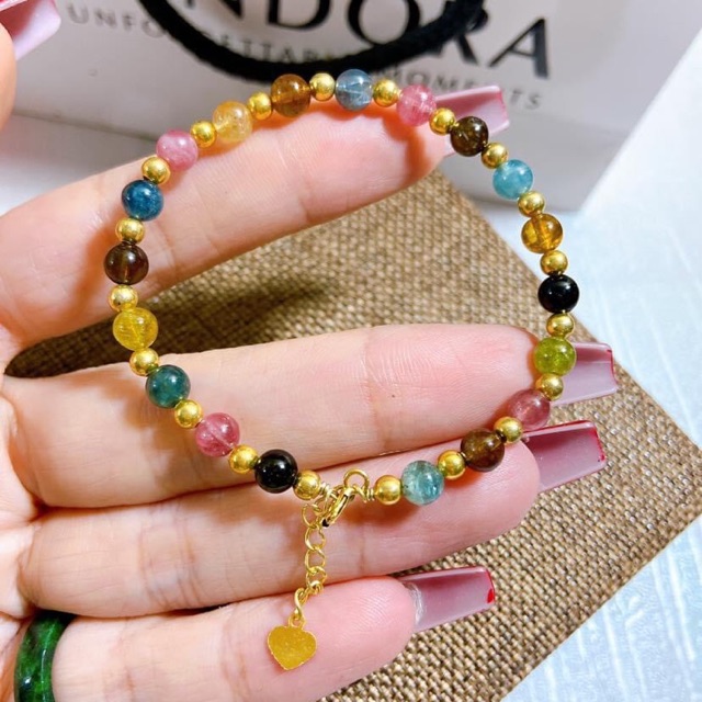 Vòng tay đá tourmaline 5 li mix bi bạc xi vàng
