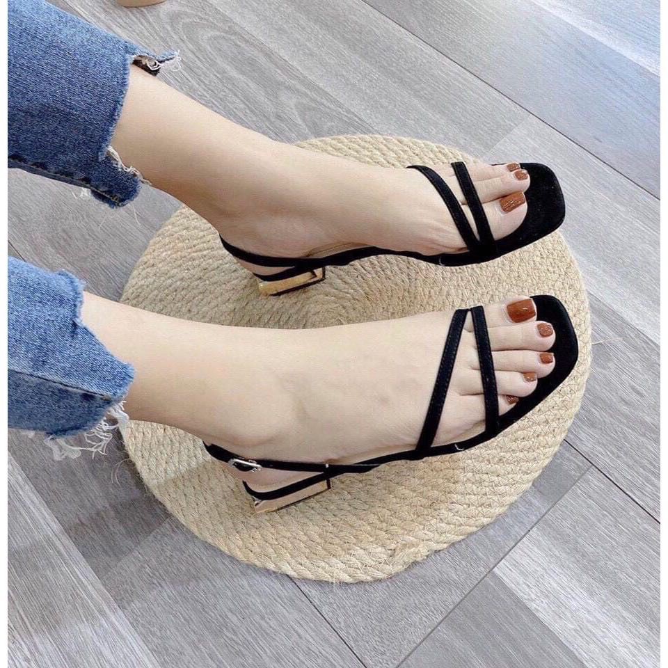 Sandal 2 quai chéo, gót mạ vàng