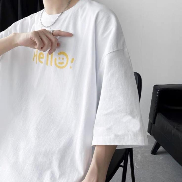 Áo thun nam nữ form rộng tay lỡ unisex, Áo phông nam nữ oversize in chữ HELLO hai màu đen trắng