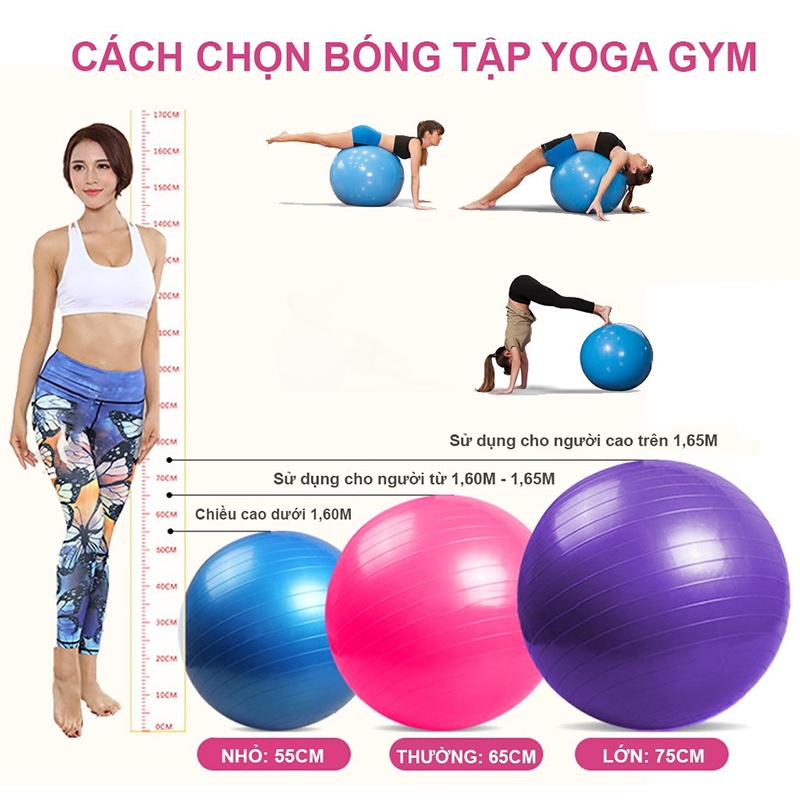 Bóng Tập YOGA, Banh Bóng Yoga Tập Gym Thể Hình Cao Cấp 55 65 75cm Dày 2mm Chống Nổ [ Tặng kèm phụ kiên bơm ]