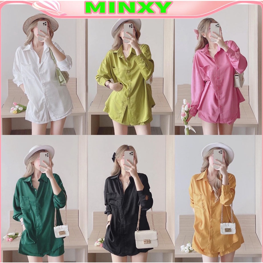 Set áo dài quần cộc lụa tằm bộ somi dài tay mic quần đùi-MINXY SHOP
