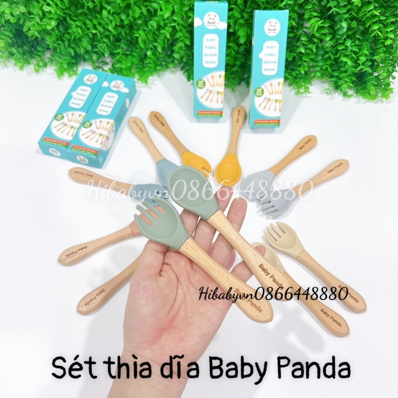 Sét Thìa Dĩa CÁN GỖ Baby Panda Đầu Silicon