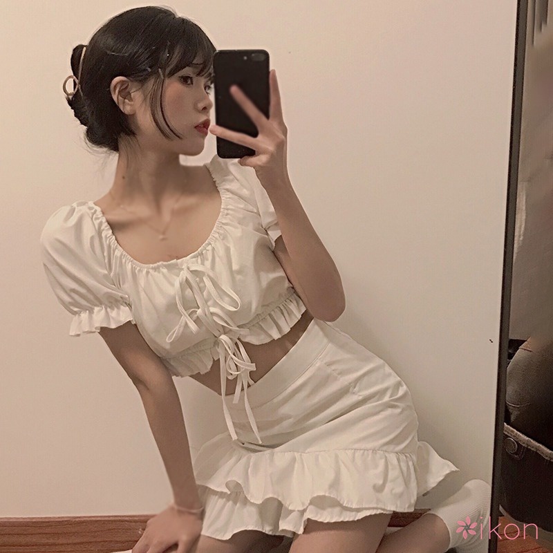 Set Áo Croptop Phối Bèo + Chân Váy Lưng Cao Thời Trang Cho Nữ