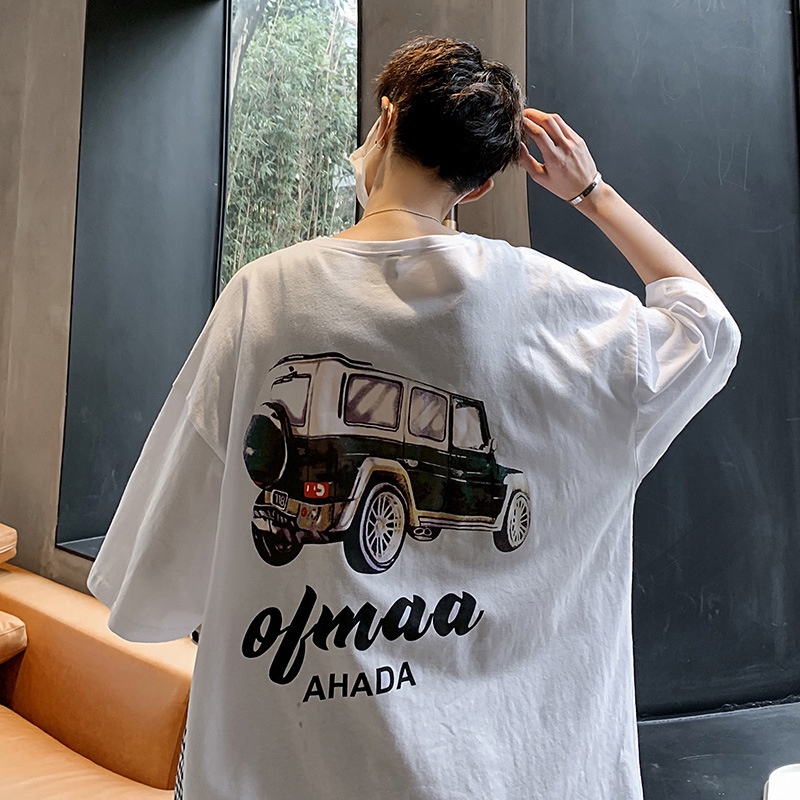 Áo phông nam chất cotton tay lỡ form rộng in hình cá tính