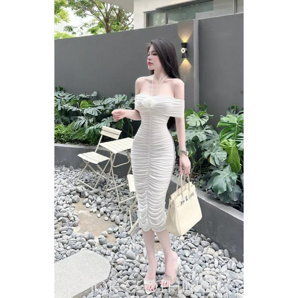 Đầm body nữ phối dây yếm đính hoa kiểu nhúm trễ vai chất nhung nhũ dáng dài midi xinh hot