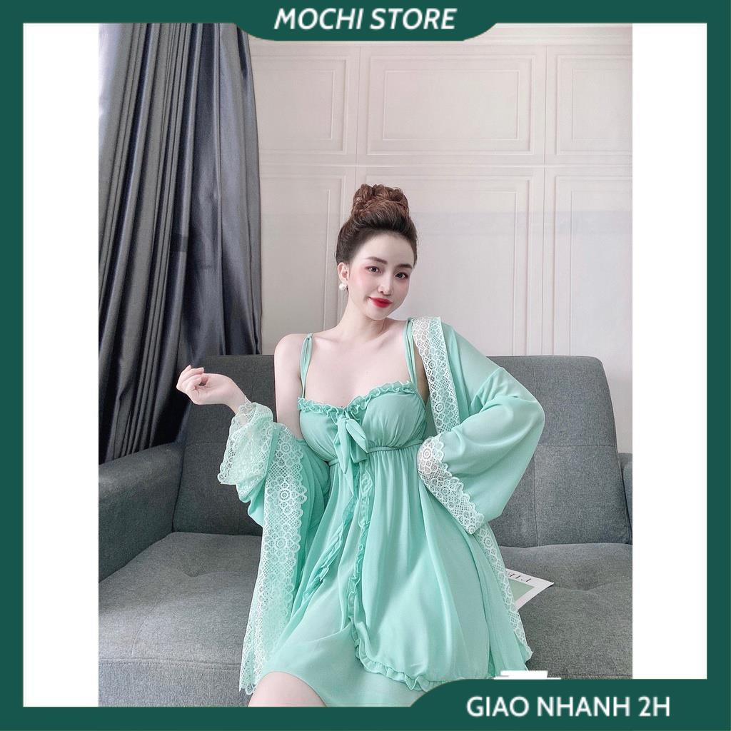 Set 3 Món Đồ Ngủ, Đầm 2 Dây Nữ, Áo Choàng Phối Ren Kèm Quần Chất Chiffon Màu Trơn Form Dáng Rộng Rãi Thời Trang Mặc Nhà | BigBuy360 - bigbuy360.vn