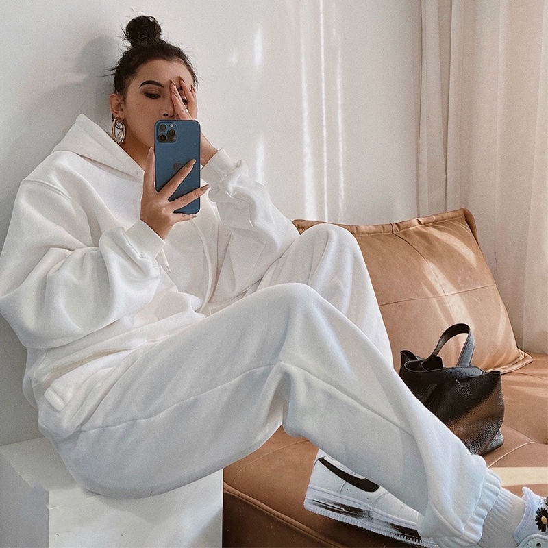 White autumn clothes new leisure sports suit women's small loose hooded sweater fashion two-piece set