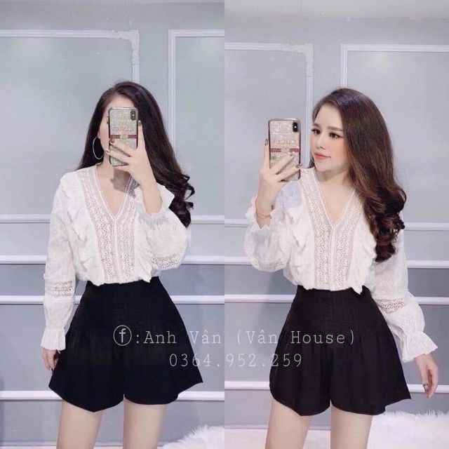 Áo tay dài pha ren trắng