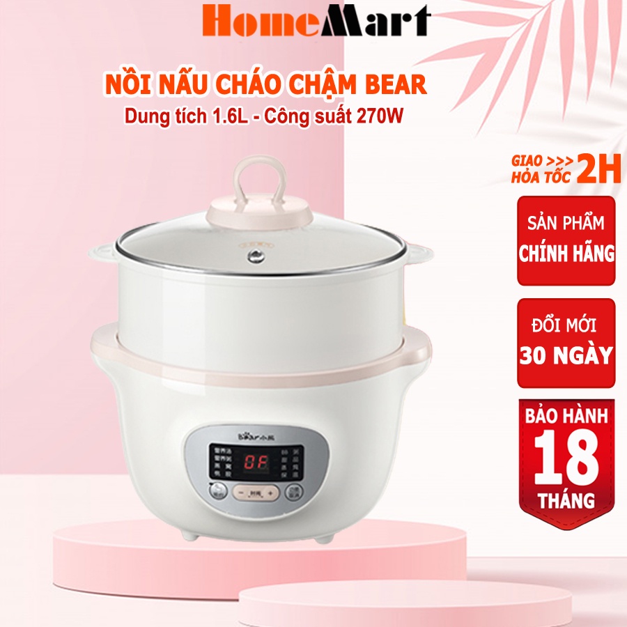 Nồi nấu cháo chậm Bear 0.8L, 1.6L nồi nấu cháo cho bé, chưng yến, nấu chậm, HomeMart – Hàng chính hãng BH 18 tháng