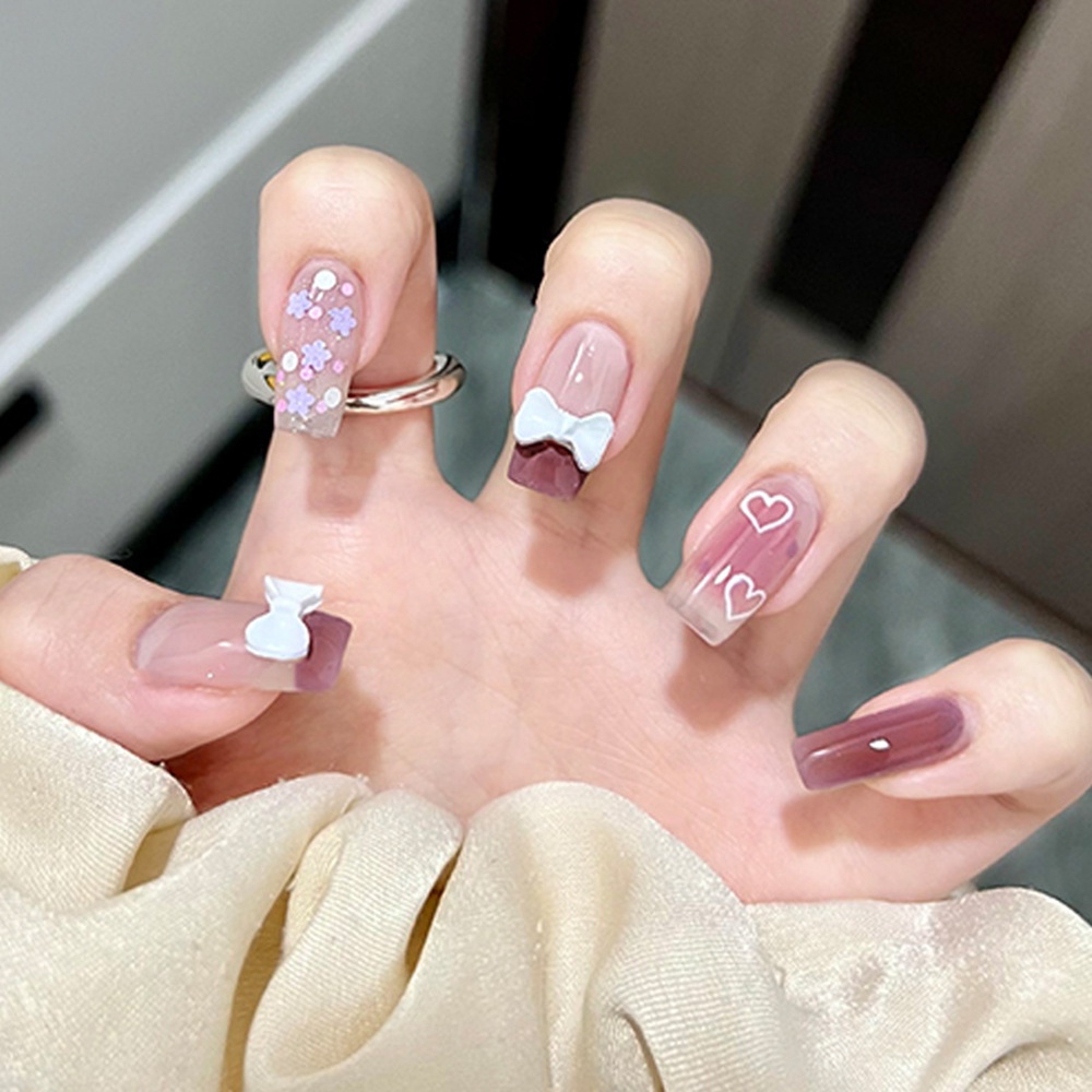 Set 24 Móng Tay Giả 3D Đính Nơ Xinh Xắn Cho Nữ