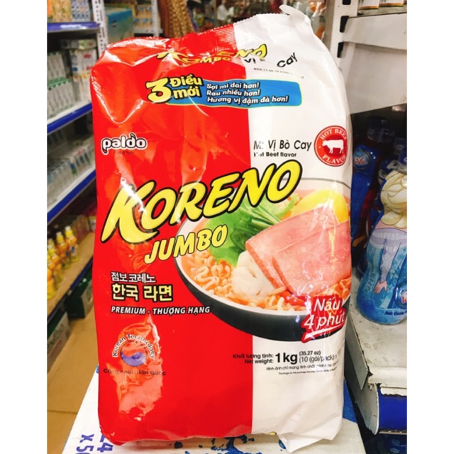 MÌ KORENO JUMBO 1KG GÀ/ TÔM/ BÒ CAY/ KIM CHI/ NẤM