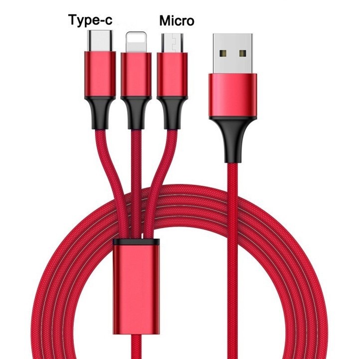 Cáp Sạc 3 Đầu 3A Lightning MicroUSB Type-C Bọc Dây Dù Cao Cấp