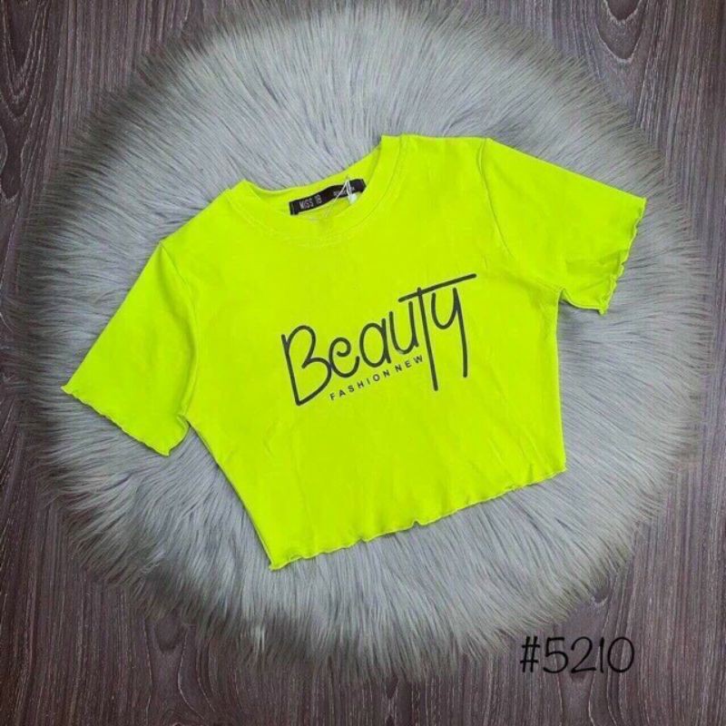 Áo thun tay ngắn croptop in chữ beauty