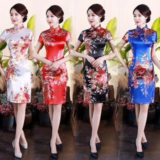 Phiên bản nâng cấp Plus Nữ Gorgeous Truyền thống Sườn xám In tay ngắn Trang phục lễ hội cổ điển