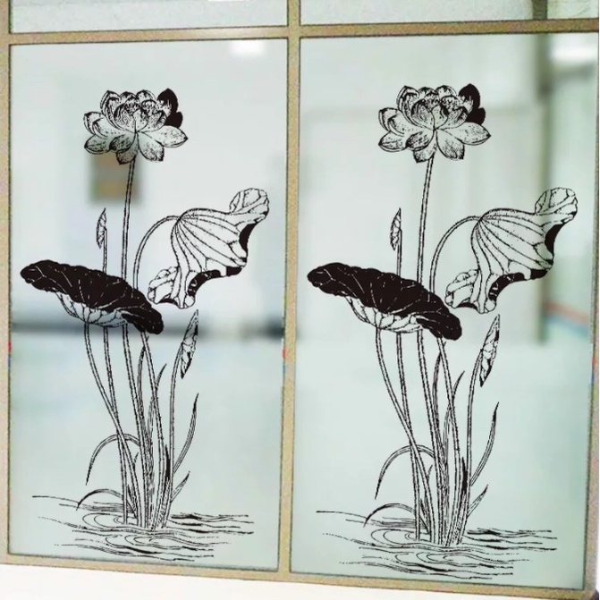 Decal dán kính cao cấp - Bông hoa sen lớn hình trắng đen (116 x 60)