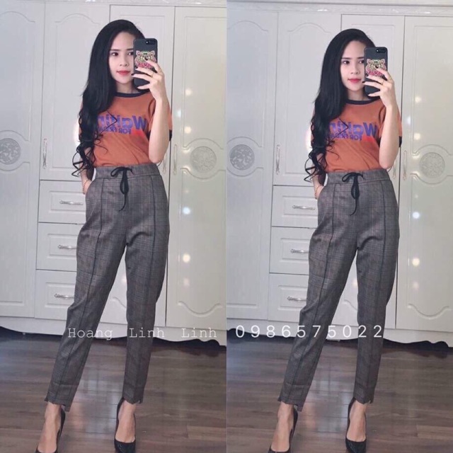 Set quần tây lưng thun kẻ + áo thun cam