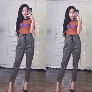 Set quần tây lưng thun kẻ + áo thun cam