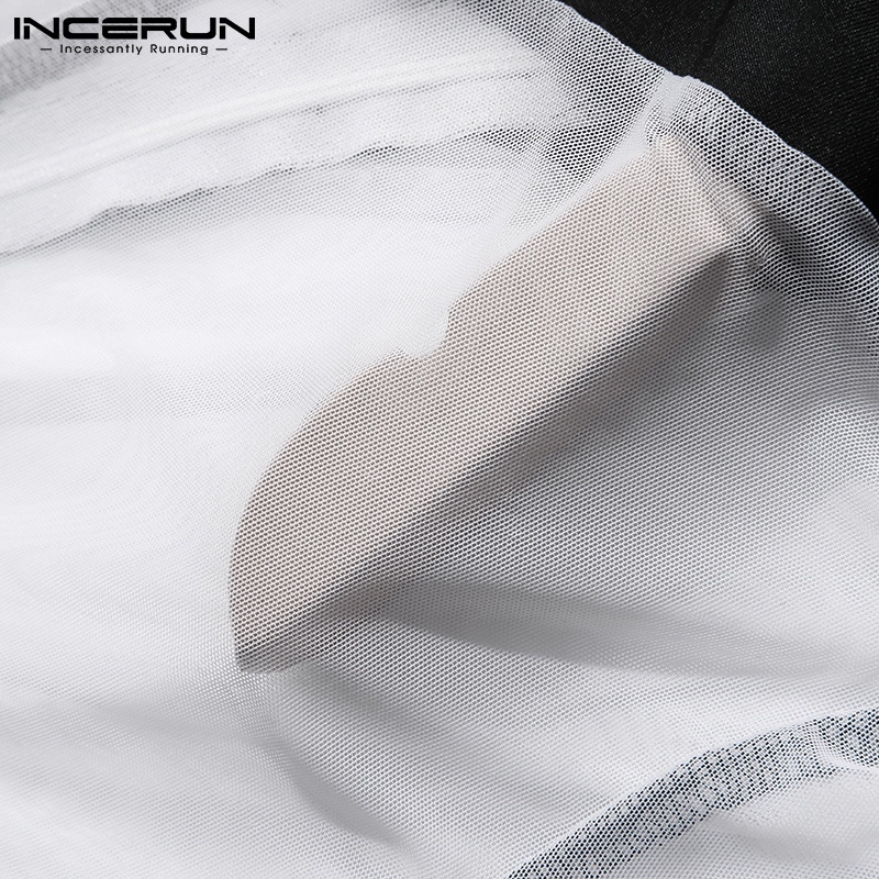 Áo liền quần INCERUN vải ghép nối xuyên thấu tay dài cổ cao cho nam