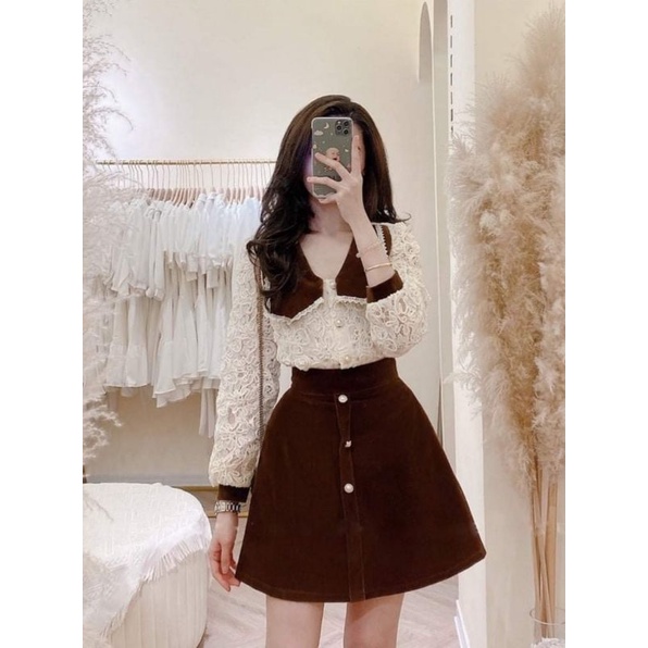 Set áo ren cổ nhung chân váy nhung dáng A