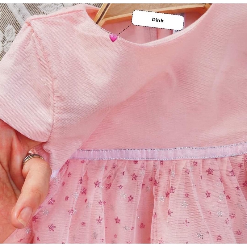Đầm hồng cotton phối lưới sao 9-36 tháng