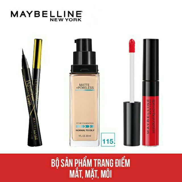 COMBO Make Up MAYBELLINE ❥ Hsd tháng 4-7 / 2022 ❥ Kem nền Fit me 115, Hyper Sharp Liner và son kem lì nhẹ môi