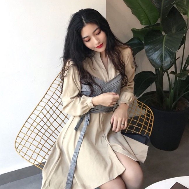 Đầm Tay Dài Giả Hai Mảnh Thắt Dây Eo Họa Tiết Kẻ Ô Vuông Thời Trang 2022 Mới Dành Cho Bạn Nữ