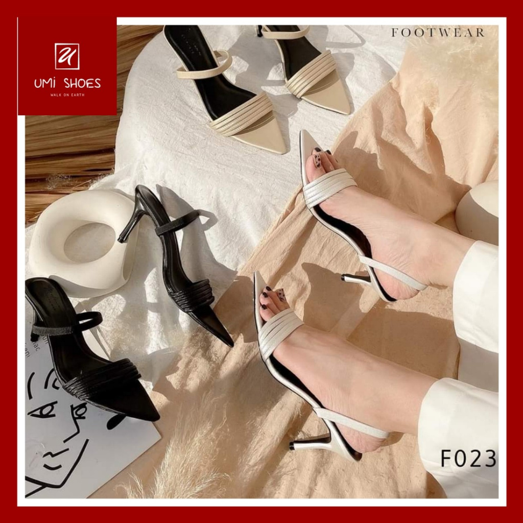 [NOWSHIP] Giày sandal nữ kiểu guốc cao gót mũi nhọn gót nhọn 8cm nhẹ nhàng đi chơi thon gọn đơn giản đen trắng mới đẹp