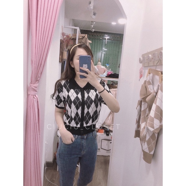 Áo Len Caro Cổ Gập Tay Ngắn 2 Màu Đen Be ( Hàng Sẵn)
