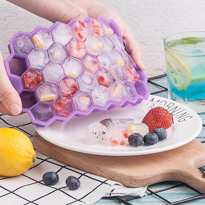 Khay Làm Đá Bằng Silicone 37 Lỗ Hình Tổ Ong Xếp Chồng Nhiều Tầng Có Nắp Đậy Tiện Dụng
