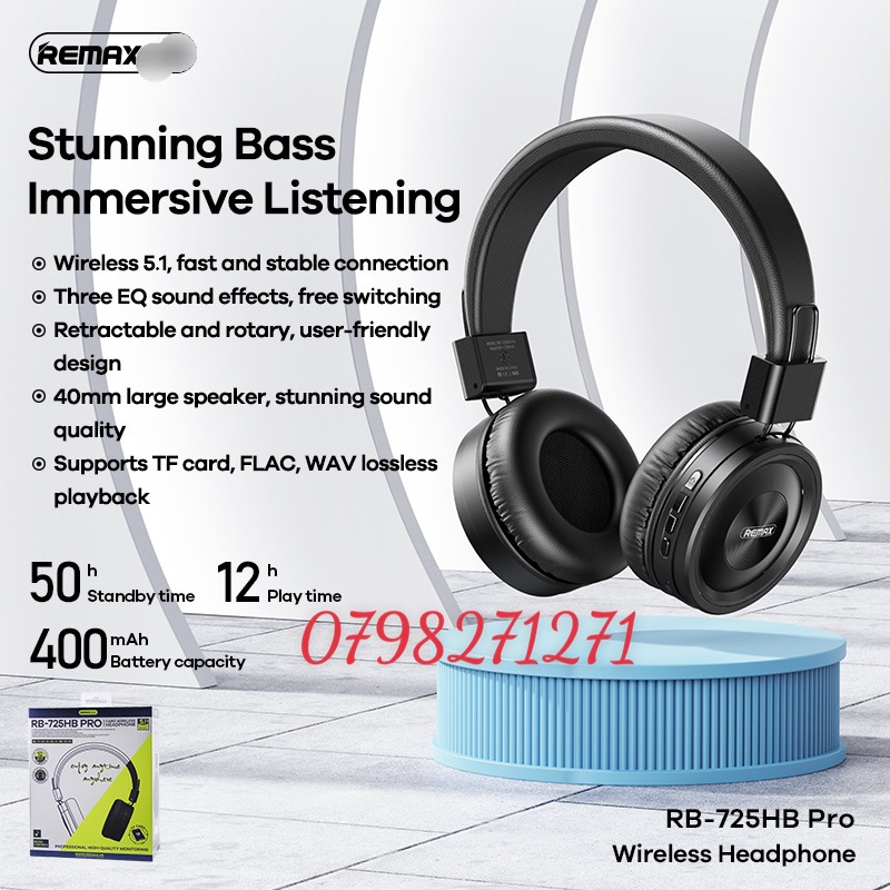 CHÍNH HÃNG Tai Nghe Không Dây Bluetooth Chụp Tai  REMAX 5.1 725HB Pro Cao Cấp Có Khe Cắm Thẻ Nhớ