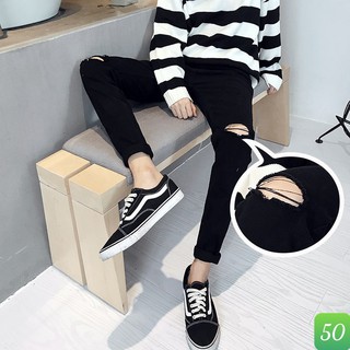 Quần jean nam đen đậm trơn rách gối chất bò cao cấp co dãn 4 chiều, quần rin nam đẹp DP113 mẫu mới