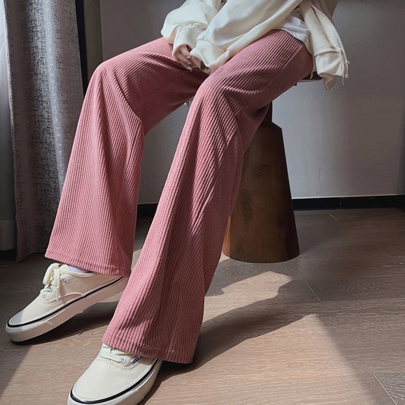 Quần dài ống rộng thẳng cạp cao bằng nhung kẻ phong cách xuân thu Hàn Quốc giản dị mới cho nữ