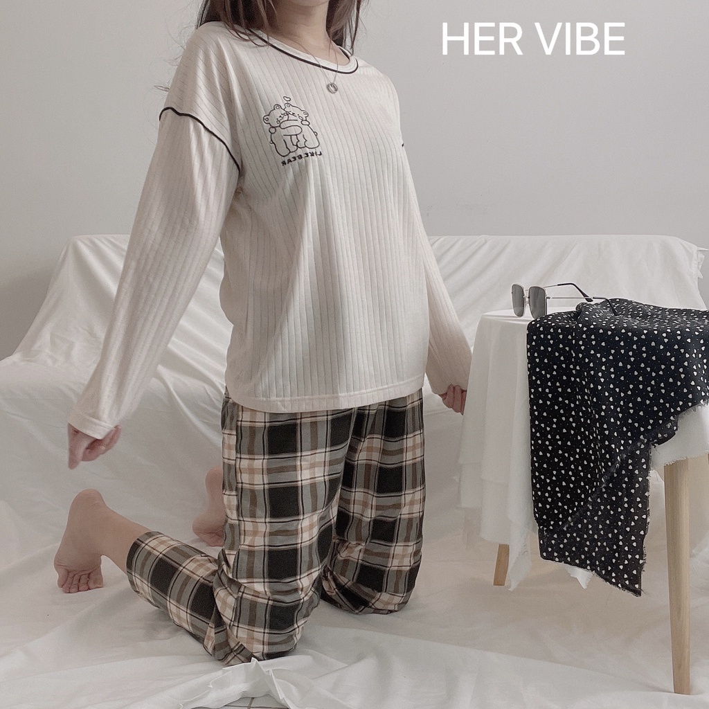 Bộ mặc nhà quần dài bộ đồ ngủ nữ pijama chất cotton sọc siêu thấm hút quần dài áo dài tay hình dễ thương Her Vibe | BigBuy360 - bigbuy360.vn