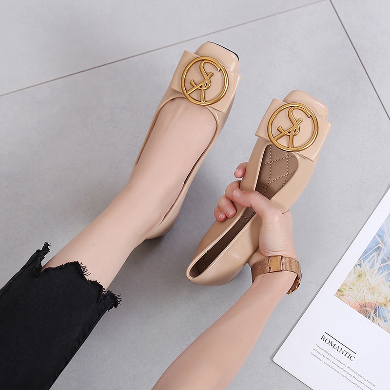 Giày Búp Bê Mũi Vuông In Chữ Viền Đen Phong Cách Cổ Điển Thời Trang Cho Nữ