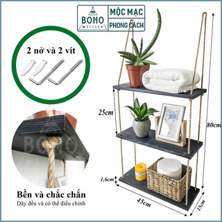 [Hàng Xuất Khẩu] Kệ Treo Tường BOHO DECOR, Kệ Trang Trí Nhà Cửa Đen Vân Gỗ Giả Cổ Độc Đáo, Gỗ Tự Nhiên 45 x 15 cm, Đen