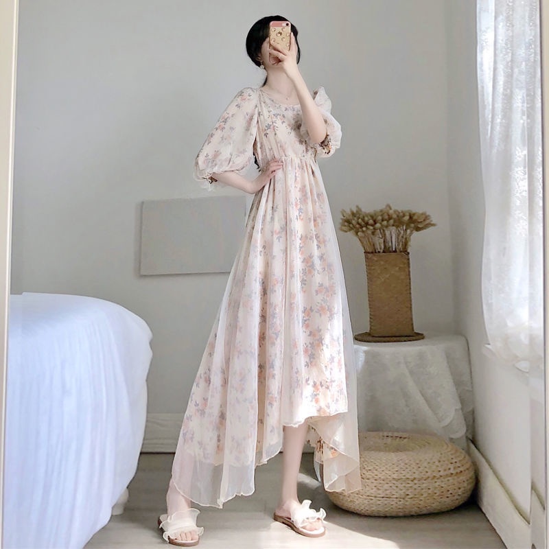 Đầm Voan Hoa Cổ Vuông Lưng Cao Dáng Dài Size S~3XL Thời Trang Retro Cho Nữ