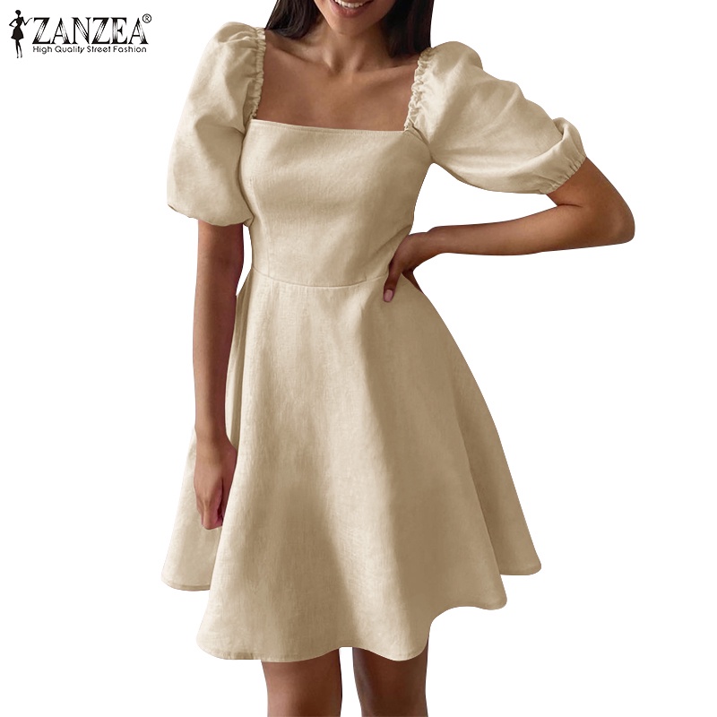 Đầm Mini ZANZEA tay phồng cổ vuông màu trơn thời trang cho nữ