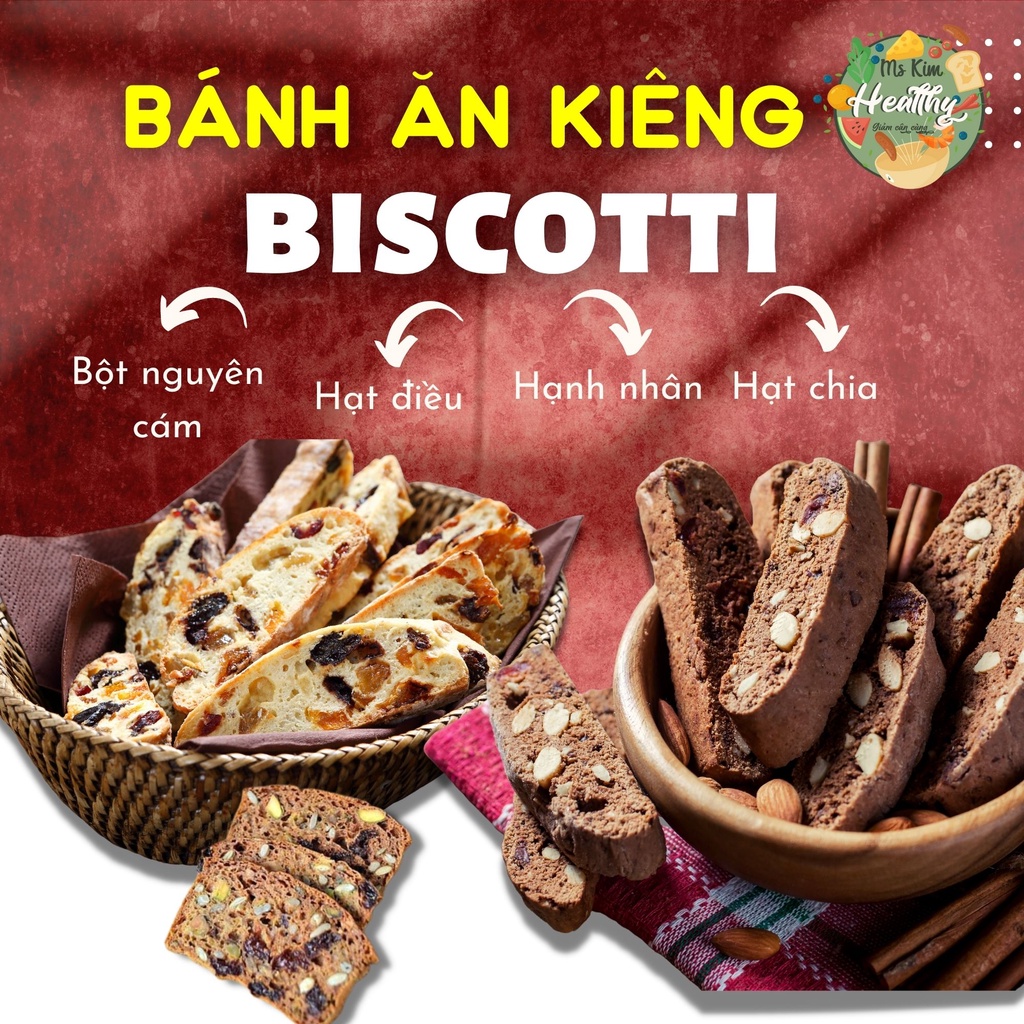 Bánh ăn kiêng, bánh giảm cân không đường, BISCOTTI 3 vị MS.KIM HEALTHY 250gr - Ăn vặt không béo, ít calo