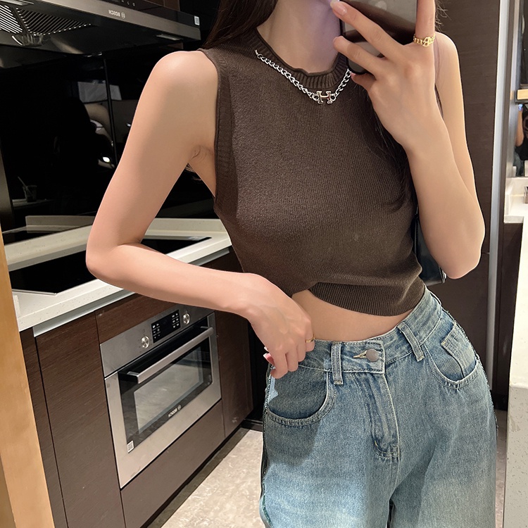 Áo dệt kim SUXI sát nách cổ tròn màu trơn phối dây xích dễ thương