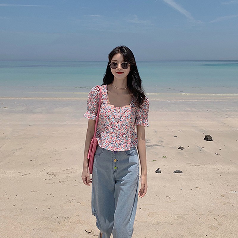 Xiaozhainv Áo nữ tay ngắn in hoa phong cách Hàn Quốc | BigBuy360 - bigbuy360.vn