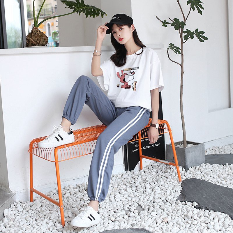 Set Jogger Line Phối Thun Unisex Hello Base, Set quần thể thao sọc phối áo phông in hình dễ thương - S10 | BigBuy360 - bigbuy360.vn