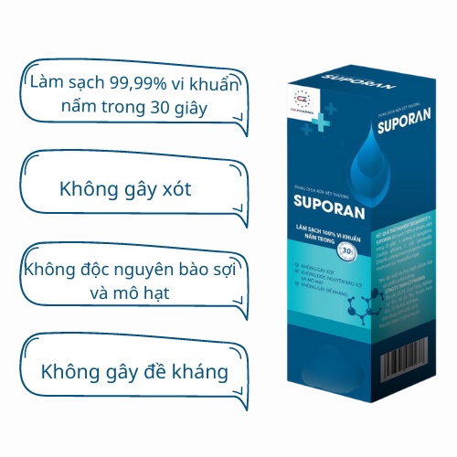 Dung dịch rửa vết thương SUPORAN không đau, không xót - Làm sạch 99,9% vi khuẩn, nấm trong 30 giây