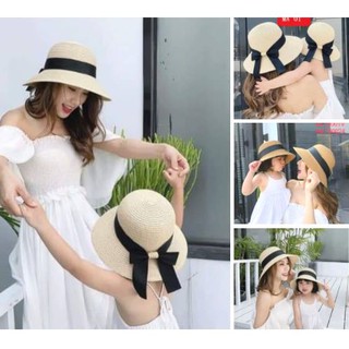Mũ nón cói mẹ và bé vành cụp nơ đen deal hot