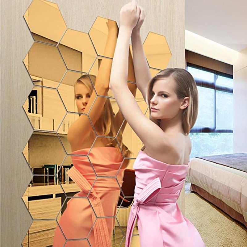 Set 6 Miếng Dán Tường Tráng Gương Hình Lục Giác Chất Liệu Acrylic Có Thể Tháo Gỡ Trang Trí Nhà Cửa